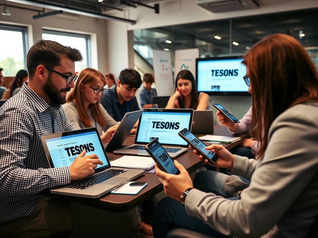 A dynamic shot of individuals participating in a user testing session, interacting with the new website on various devices. The room is filled with a mix of laptops and tablets, and participants are focused on providing feedback. The atmosphere is collaborative, with notes and observations being shared among team members.
