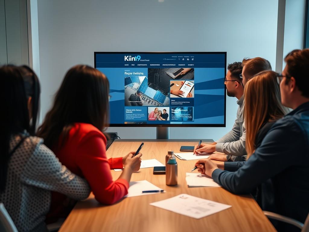 A focused shot of a team of professionals gathered around a table, discussing and analyzing a website on a large screen. The room should be bright and modern, with a clean and organized workspace. The mood is collaborative, showcasing a diverse team actively brainstorming and taking notes. The primary colors in the room reflect the fresh layout being developed for the Kiin9 Royalty Credit Solution website.