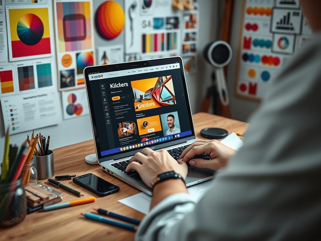 A close-up shot of a designer working on a digital mockup of a website on a laptop, showcasing vibrant colors and modern layout elements. The workspace is filled with design tools and sketches, indicating creativity and focus. The background should feature inspiration boards with color palettes and typography samples reflecting the new brand identity for Kiin9 Royalty Credit Solutions.