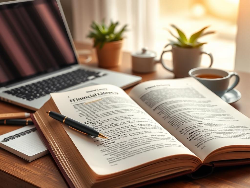 A close-up shot of an open book on financial literacy with a pen and notebook beside it. The background features a desk with a laptop, a plant, and a cup of tea, creating a warm and inviting study environment. The focus is on the book's pages, showcasing engaging content. The color scheme should incorporate earth tones to evoke a sense of calm and focus.