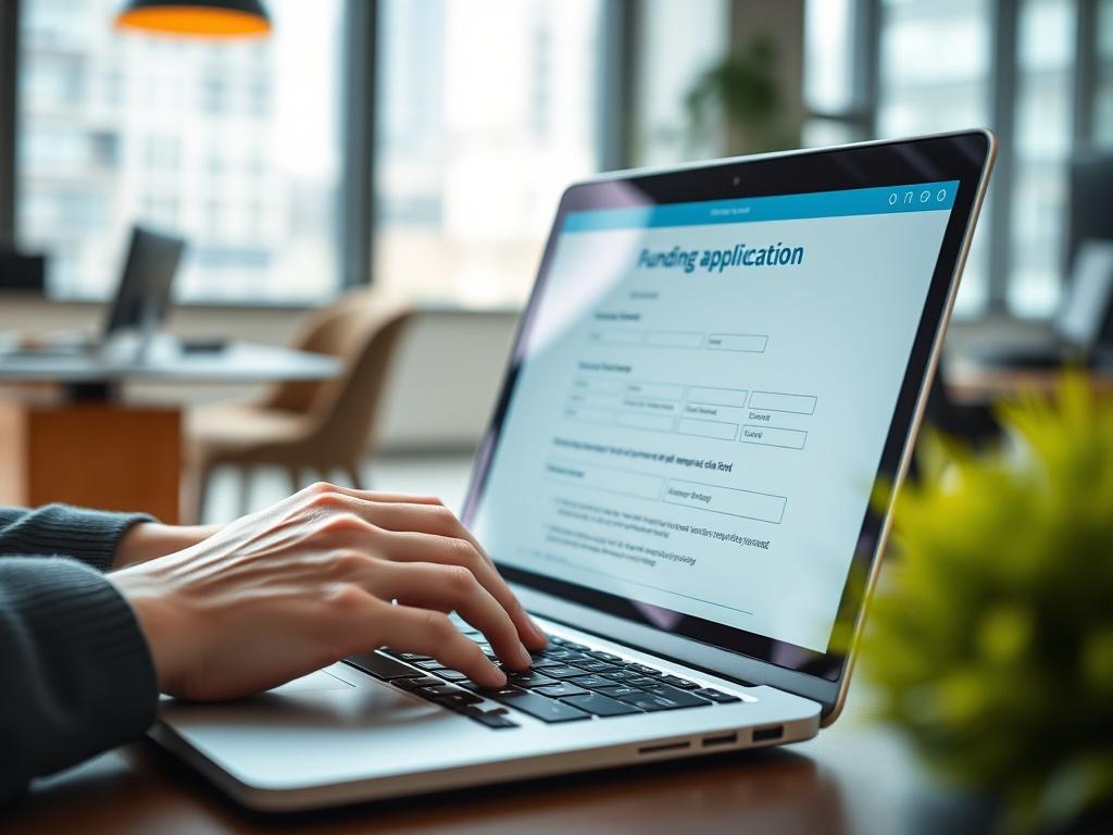 A close-up shot of a laptop displaying a funding application form, with a person’s hands typing on the keyboard. The background is a modern office setting with a bright window, creating an atmosphere of productivity. The image should capture a sense of focus and determination, reflecting the importance of securing funding. The color palette features shades of blue and green, symbolizing growth and opportunity.