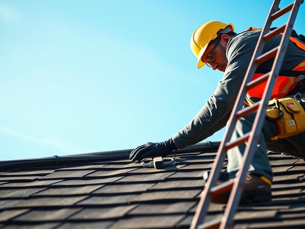 A close up shot of a professional roofer working on