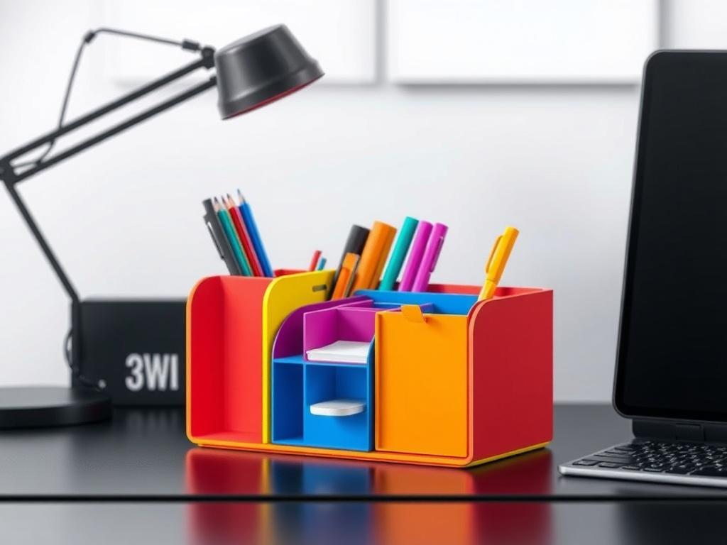 A photorealistic image of a colorful organizer made from 3D