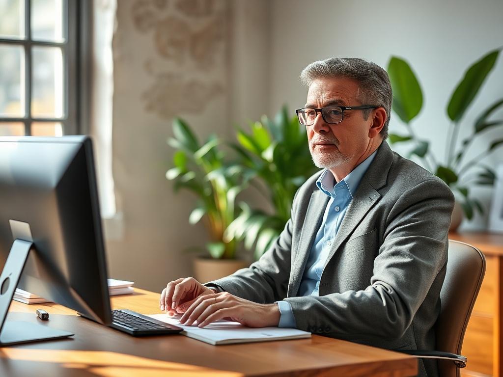 A serene office environment with a single person connecting with