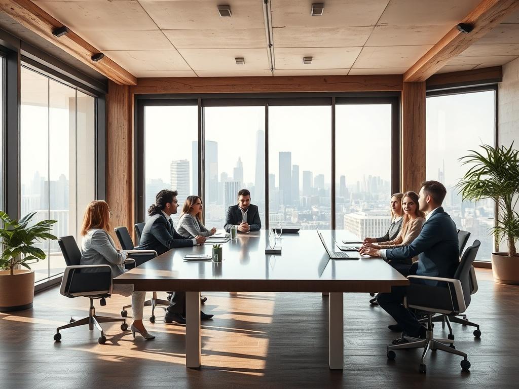 A professional meeting room with a large conference table, featuring