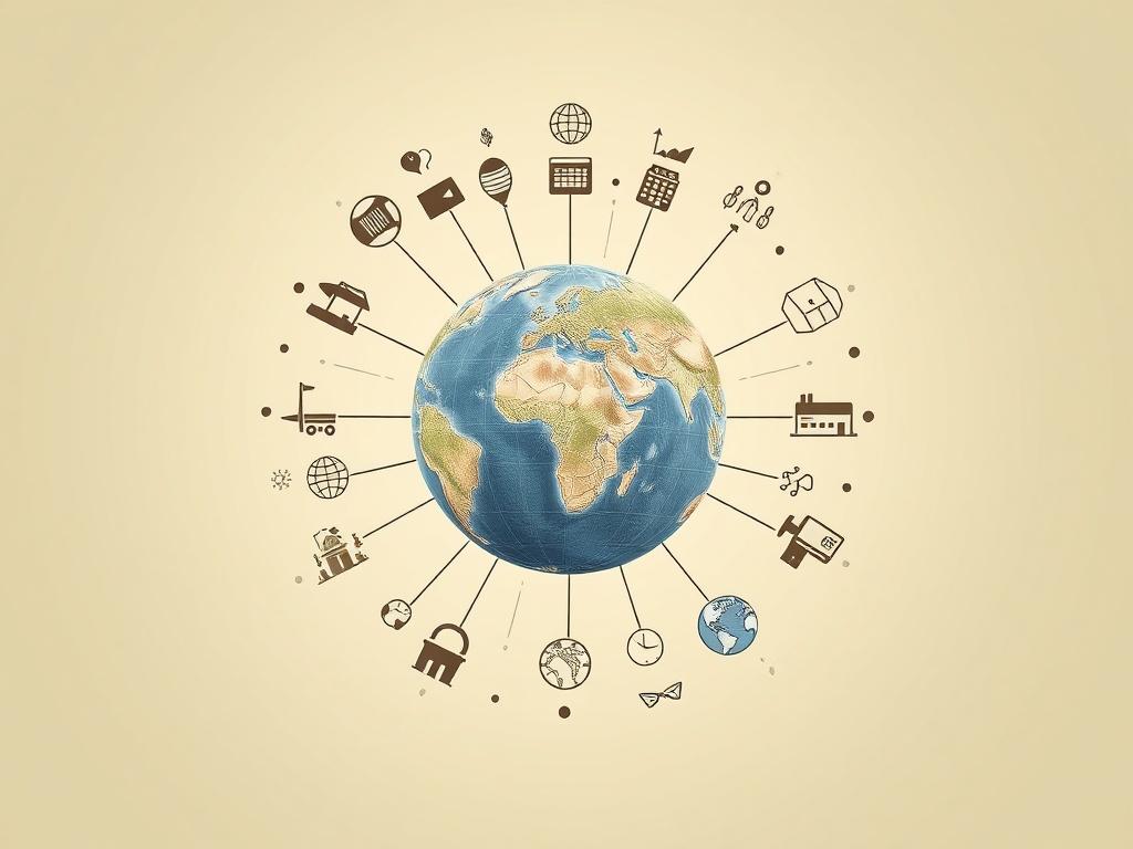 A globe surrounded by various business icons representing different industries,