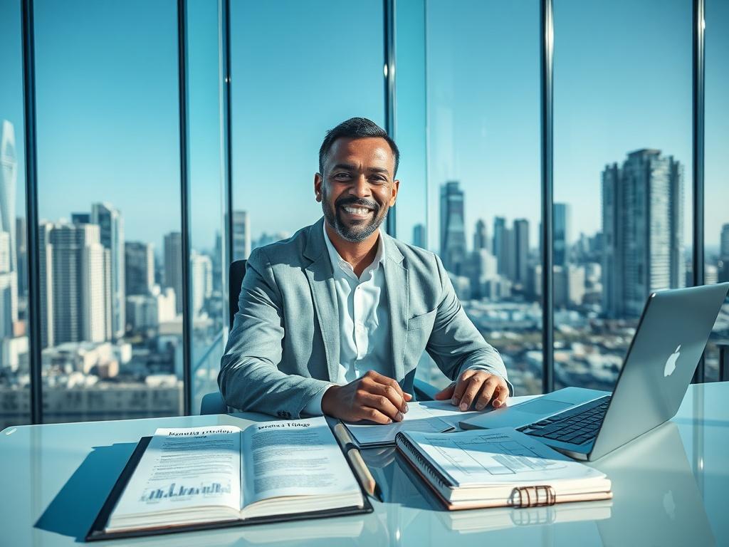 Create a high-resolution photo of a business expert in their 40s, seated at a modern desk in a glass-walled office. The subject should be a diverse professional, exuding calm and confidence, with a subtle smile. The desk features an open hardcover book manuscript, a sleek laptop displaying a branding strategy slide, and a notebook with a sketched framework diagram. Bright natural light should flood the office, illuminating the clean lines and contemporary aesthetic of the space. In the background, a stunnin