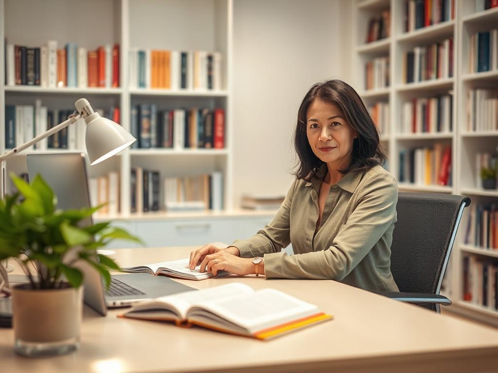 **Prompt for AI Image Generator:**

Create a realistic high-resolution photo focusing on a single subject: a confident author seated at a sleek, modern desk in a warmly lit home office. The author, a middle-aged woman with shoulder-length dark hair, is immersed in her work, surrounded by open notebooks and a laptop, portraying the essence of strategic planning for a successful book launch. 

In the background, softly blurred bookshelves filled with various books add warmth and context, while a potted plant 