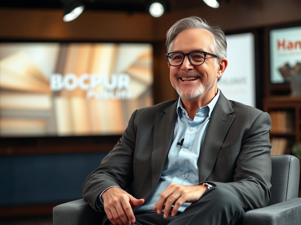 A mid-50s male author, dressed in smart-casual attire, sitting confidently in a well-lit studio setting during a television interview. He is focused and engaged, speaking to the camera with a warm, inviting smile. The background is softly blurred, showcasing subtle branding elements of a book publishing theme, with warm tones and gentle lighting to create a peaceful atmosphere.