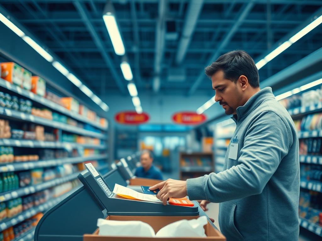 A normal weekday afternoon inside a grocery store or big-box retail store. A person is at the checkout paying with a debit or credit card, with a simple receipt printing. Shelves with everyday items are visible in the background, with clear, even lighting (no dramatic shadows). Colors look natural, like a real candid photo — nothing stylized or exaggerated. No graphics, no charts, no overlays, no surreal elements; it should look like a real-life moment of someone making an ordinary purchase.