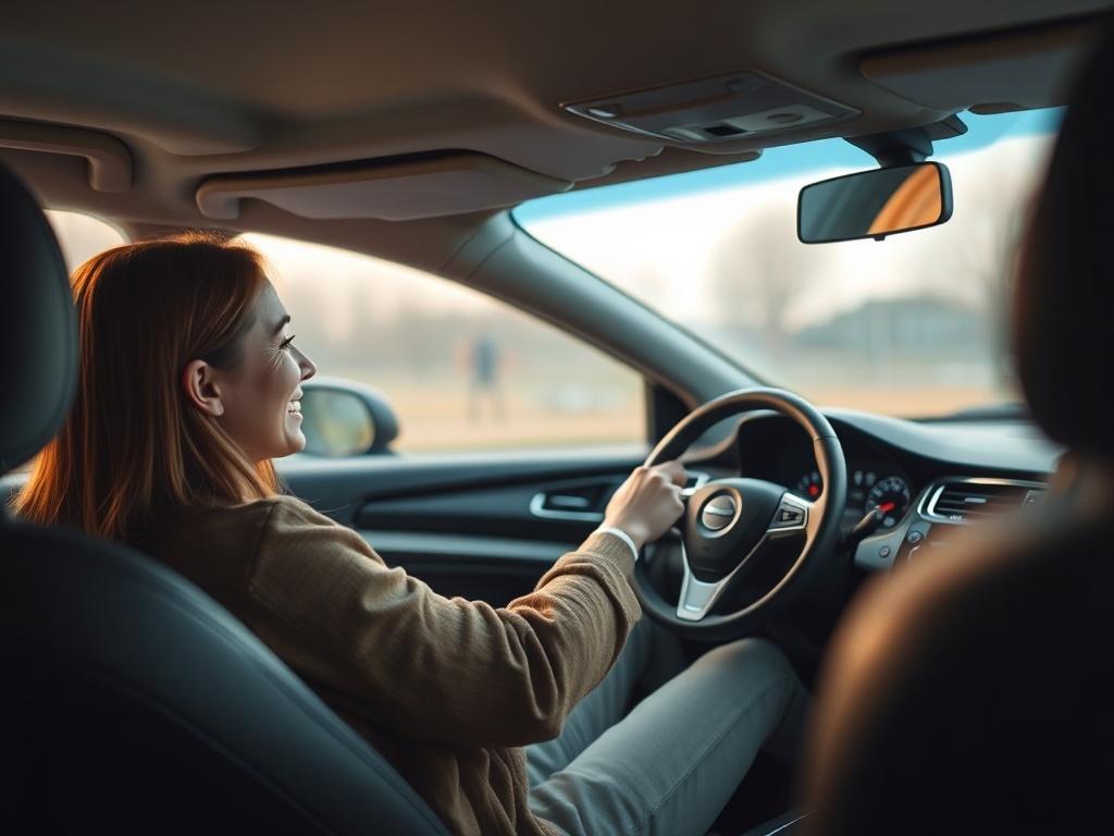 Create a realistic high-resolution photo of a person sitting comfortably in the driver’s seat of a modern car, absorbed in an audiobook. The focus should be on the car's interior, capturing the dashboard with a clear view of the car radio screen that displays the title of the audiobook playing. The driver's hands are on the steering wheel, and there is a relaxed, content expression on their face, suggesting they are enjoying the story. 

The background should be softly blurred, suggesting an outdoor scene—p