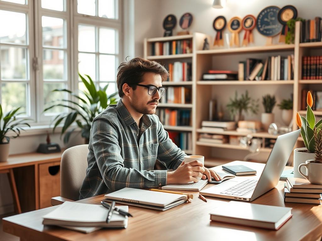 Create a realistic high-resolution photo that reflects the theme of "Maximizing Your Book Launch Strategy." The composition should be simple and clear, featuring a single subject: a confident author sitting at a beautifully set desk, immersed in the process of planning their book launch. The author is engaged, surrounded by notebooks, a laptop, and a steaming cup of coffee, exuding a sense of focus and creativity. 

In the background, include soft, natural lighting coming through a large window, illuminatin