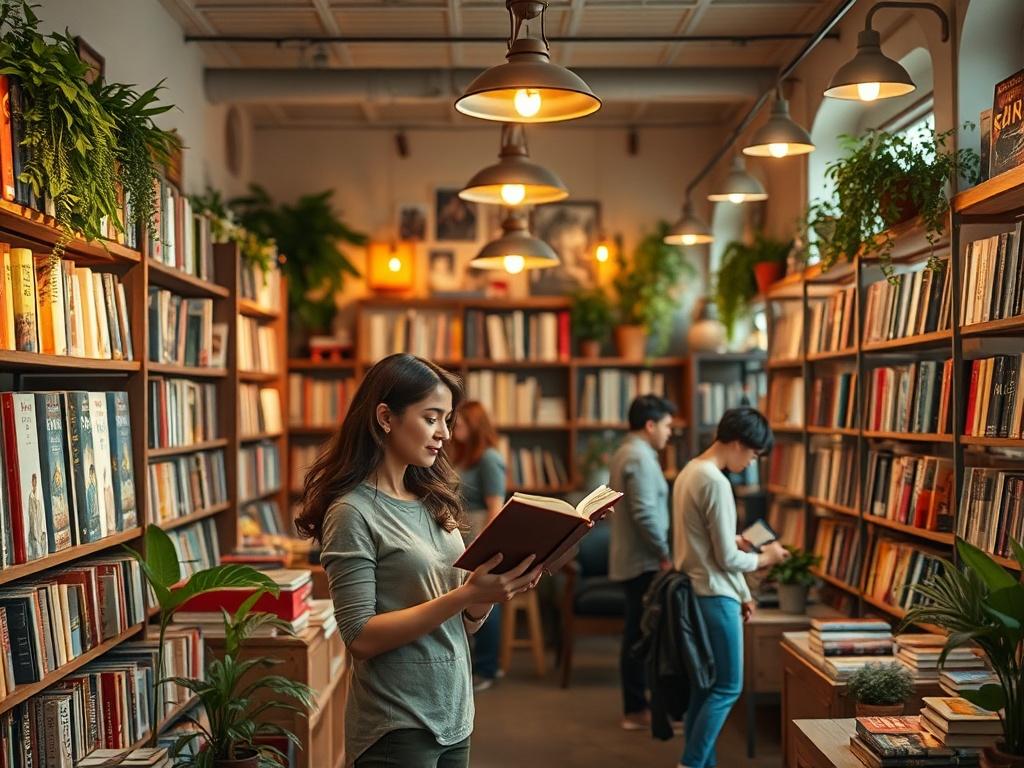 **Prompt for AI Image Generation:**

Create a photo-realistic high-resolution image of the interior of a cozy independent romance bookstore. The composition should feature a simple and clear layout with warm lighting emanating from vintage light fixtures, casting a welcoming glow throughout the space. In the foreground, depict a single subject: a friendly staff member with brown hair, dressed in a casual outfit, assisting a white customer in finding a book. 

Surround them with shelves filled to the brim wi
