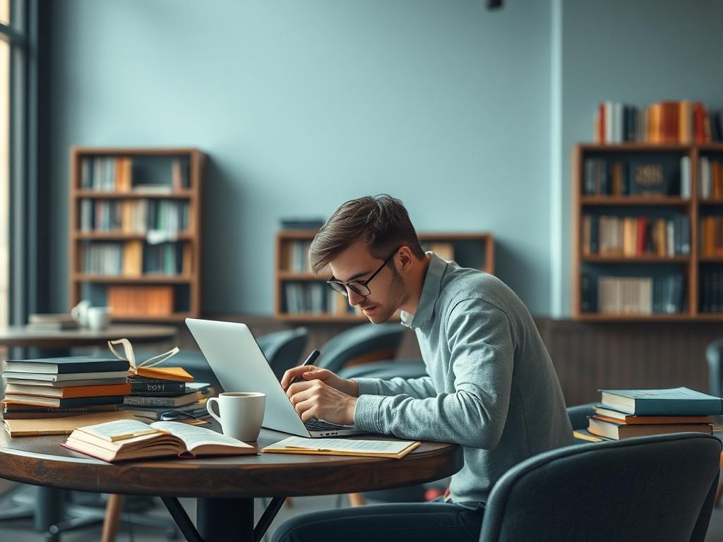 An author working on a laptop in a serene coffee shop, surrounded by books and notes. The author appears focused and inspired, with a cup of coffee beside them. The background features soft, cool-toned colors of blue and gray, providing a calm and creative workspace ambiance.