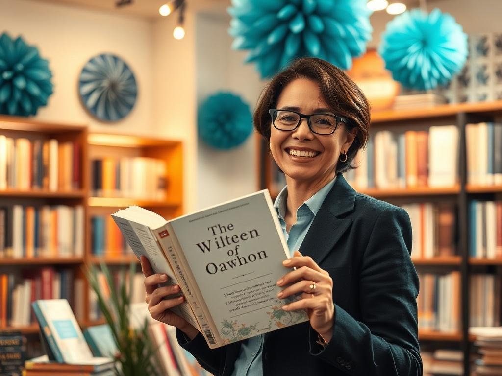A professional author celebrating a successful book launch event in a cozy, well-lit bookstore. The background features shelves filled with books, and the author is smiling while holding their newly published book. The lighting is warm, creating an inviting atmosphere, with cool-toned decorations in shades of blue and gray, emphasizing the professional yet approachable vibe.