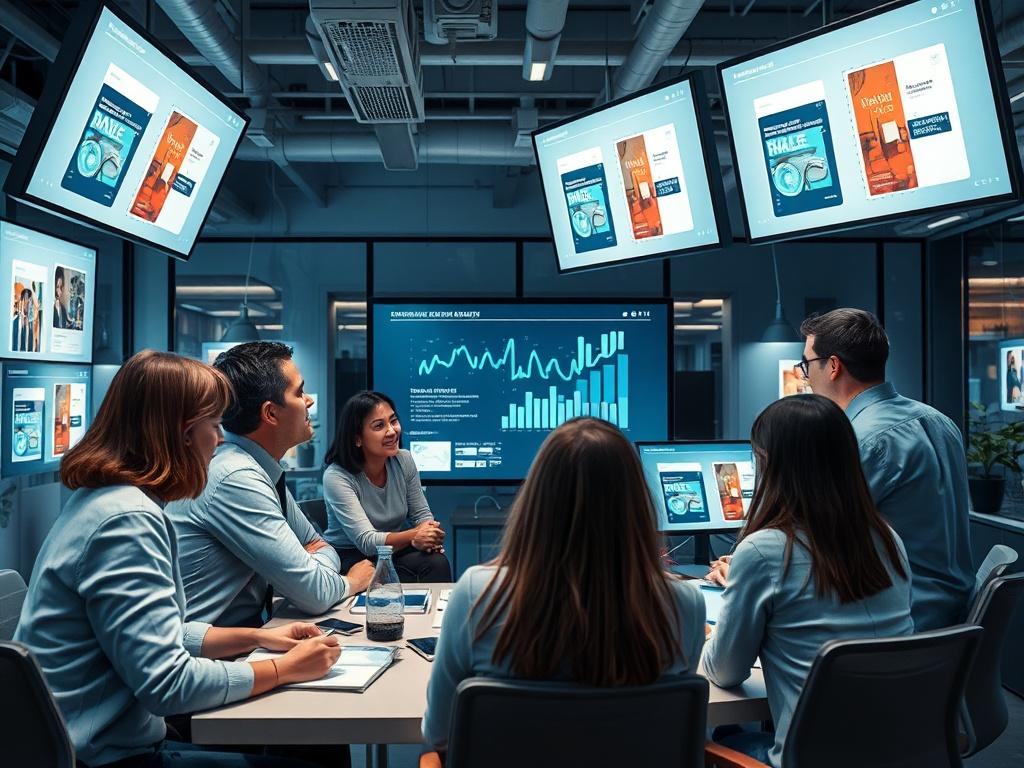 A dynamic marketing team brainstorming in a modern office space, surrounded by digital screens displaying marketing analytics and book covers. The atmosphere is collaborative and energetic, with cool-toned decor in shades of blue and gray, highlighting creativity and teamwork.