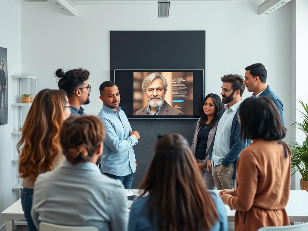 A wider shot of a diverse team consisting of PR professionals, designers, and digital marketers, all focused on a single screen or wall displaying an author photo or book cover. The team members, representing different ethnicities and genders, are standing or sitting in a collaborative environment, with their body language oriented towards the image. The atmosphere is bright and engaging, showcasing a workspace filled with creativity and teamwork.