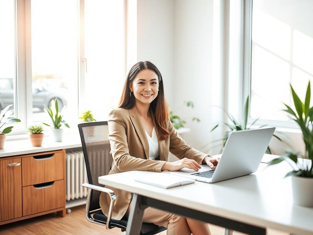 A bright modern office workspace featuring a professional woman sitting at a desk, smiling at the camera. Her laptop and phone are visible on the desk. Natural sunlight streams through large windows, illuminating the clean minimalist design of the space. The decor includes warm neutral tones and plants, creating a confident and approachable atmosphere. The overall composition is photo-realistic, capturing the essence of a welcoming and professional environment.