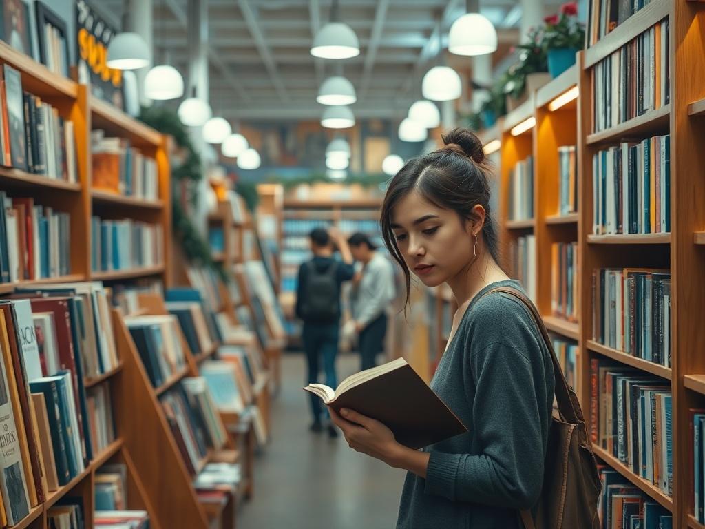 Create a realistic high-resolution photo of a busy bookstore, focusing on a single subject: a young woman browsing through a shelf of books. The woman should be depicted with an expression of curiosity and engagement as she scans the titles on the shelf. She is in a cozy, warmly lit section of the bookstore lined with wooden shelves filled with various genres of books, showcasing colorful covers and spines.

In the background, include other patrons exploring the store, but keep them slightly blurred to emph