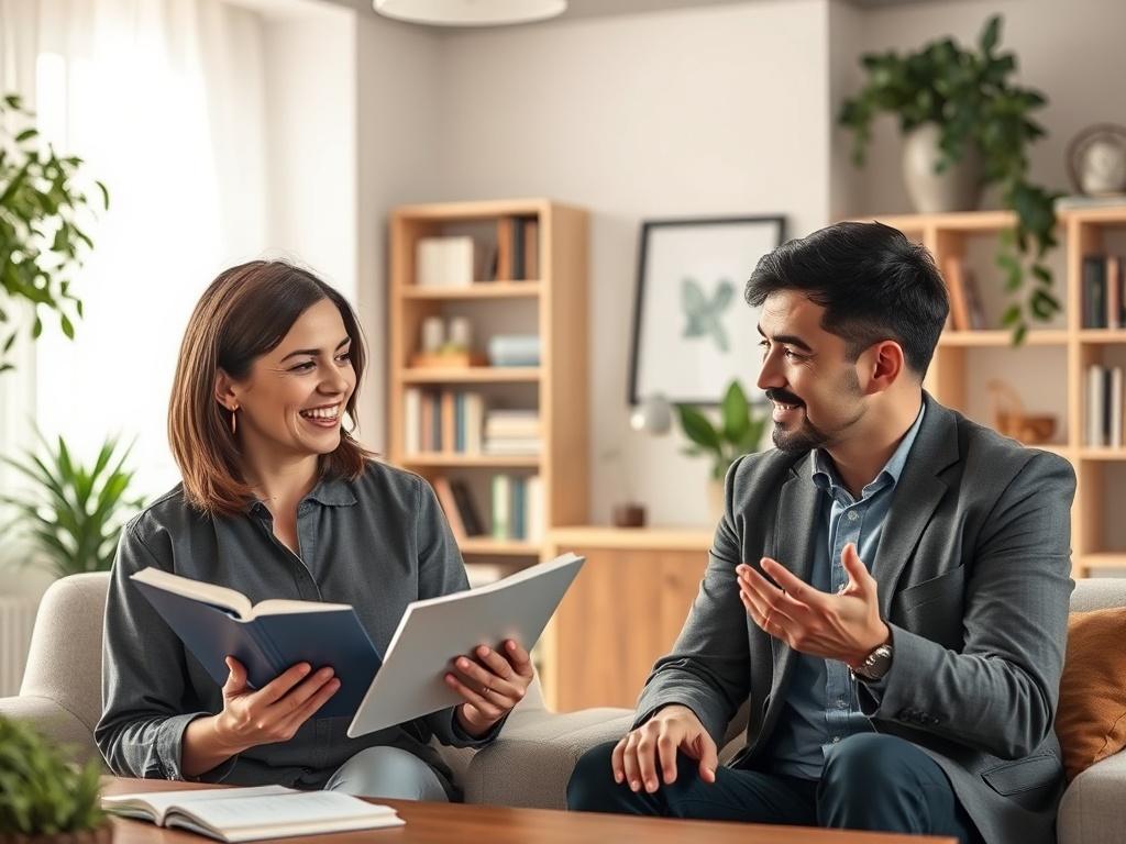 A realistic high-resolution photo of two professionals engaged in a Zoom meeting. One professional, a woman with shoulder-length brown hair, is holding a book and discussing it enthusiastically. The other professional, a man with short black hair, is nodding and taking notes. The background is softly lit and features a cozy home office setting with bookshelves and plants. The overall atmosphere is warm, inviting, and professional.