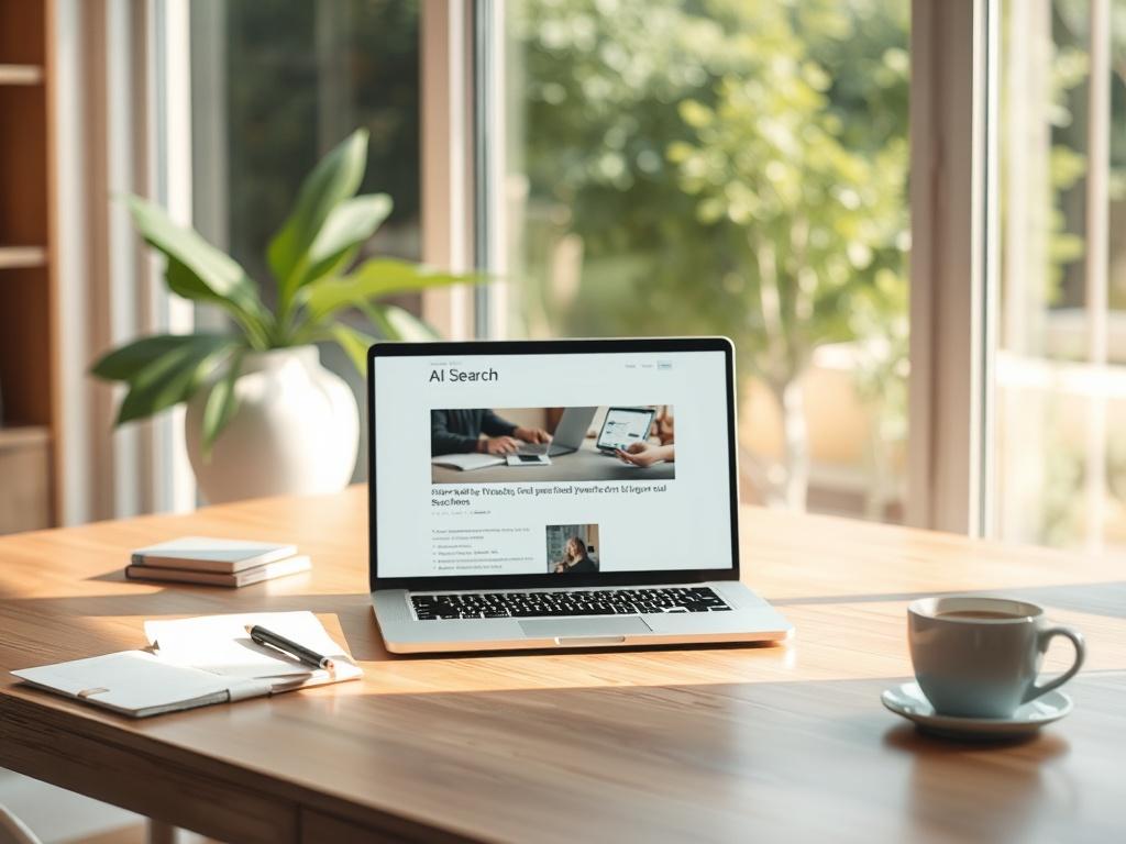 **AI Image Generation Prompt:**

Create a realistic high-resolution photo that reflects a blog environment. The image should feature a single subject: a well-organized, inviting workspace with a modern laptop positioned centrally on a polished wooden desk. The laptop screen should display an open blog page focused on AI search topics. Surrounding the laptop, gently scattered notes, a sleek pen, and a steaming cup of coffee add a personal touch to the scene. 

The background should consist of soft, blurred g