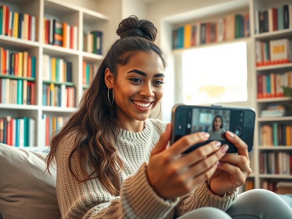 Create a highly detailed, photo-realistic image of a young, diverse woman filming a book review video on her phone. She should be sitting comfortably in a cozy bedroom that features shelves filled with colorful books in the background, showcasing a variety of titles and spines. The composition should focus solely on her as the subject, capturing her emotional expression as she engages with her audience. 

Use warm, natural window light that softly illuminates her face, highlighting her features and creating