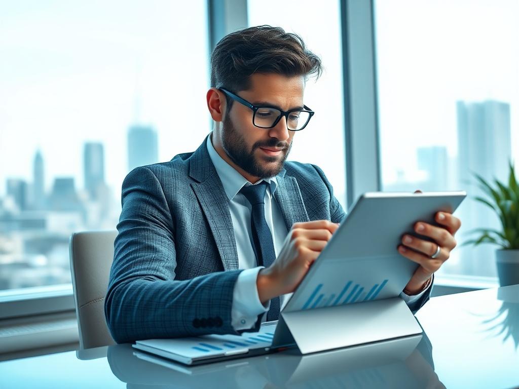 A high-resolution photo of a confident investor reviewing financial charts and graphs on a sleek tablet, seated at a modern desk in a bright, cool-toned office environment. The background features shades of rich blues and soft grays, with a window showing a city skyline. The focus is on the investor's thoughtful expression as they strategize for wealth-building.
