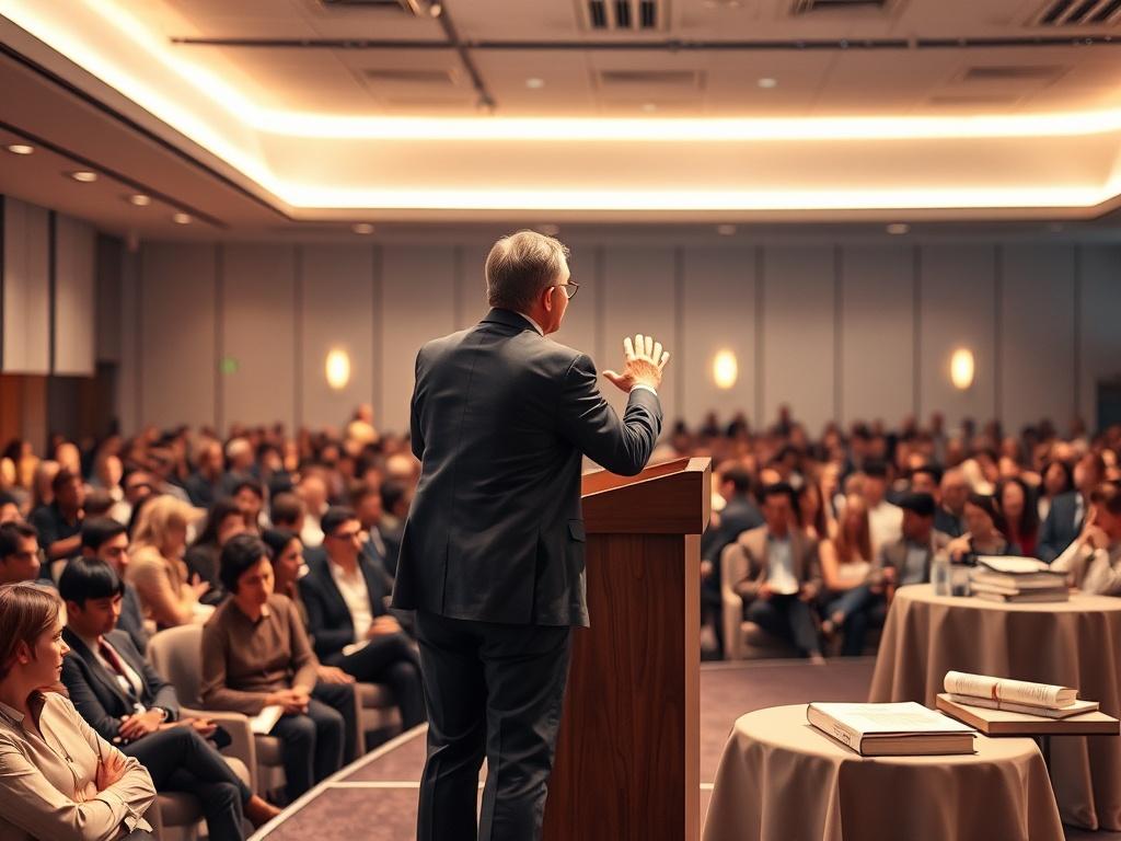 Create a realistic high-resolution photo of a professional author speaking at a podium on stage at a well-lit conference. The composition should feature the author as the single subject, positioned confidently at the podium, gesturing expressively to engage the audience. The author should be dressed in business attire, exuding charisma and professionalism. 

In the background, capture a modern conference hall interior with sleek lines and a polished atmosphere. The audience of over 200 people should be seat