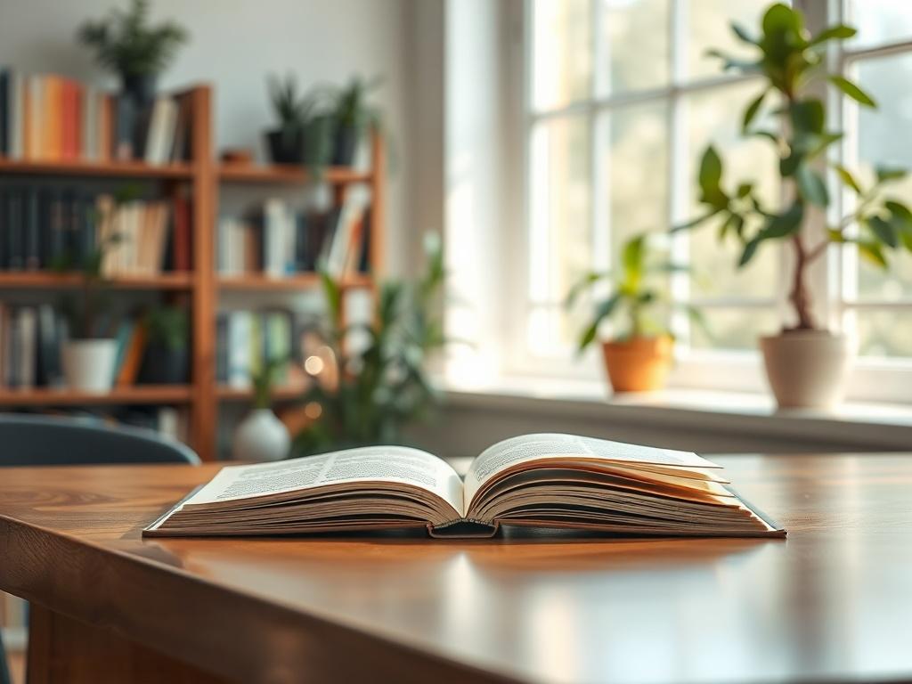 A serene office environment with a single open book on a polished wooden desk. Soft natural light streams through a nearby window, illuminating the pages of the book. The background features a blurred view of shelves filled with books and plants, creating a peaceful atmosphere that reflects knowledge and creativity.