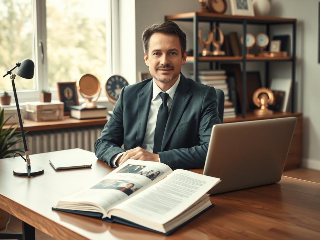 Create a highly realistic high-resolution image of a professional consultant or executive seated at a modern office desk. The subject should be a confident and accomplished individual dressed in business attire, conveying success. Position the desk at the center of the composition, with their published book prominently displayed in the foreground. The laptop should be open, clearly showing a screen filled with images or text about media appearances or speaking engagements.

In the background, include neatly
