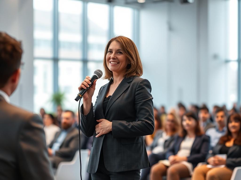 Create a realistic high-resolution photo of a confident conference speaker standing in front of an audience. The speaker, a middle-aged woman with shoulder-length brown hair, is dressed in a tailored blazer and holding a microphone, engaging the audience with a warm smile. She stands on a well-lit stage, the spotlight shining down on her, emphasizing her presence. 

In the background, a softly blurred audience is visible, with a diverse mix of men and women attentively listening, showcasing various ages and
