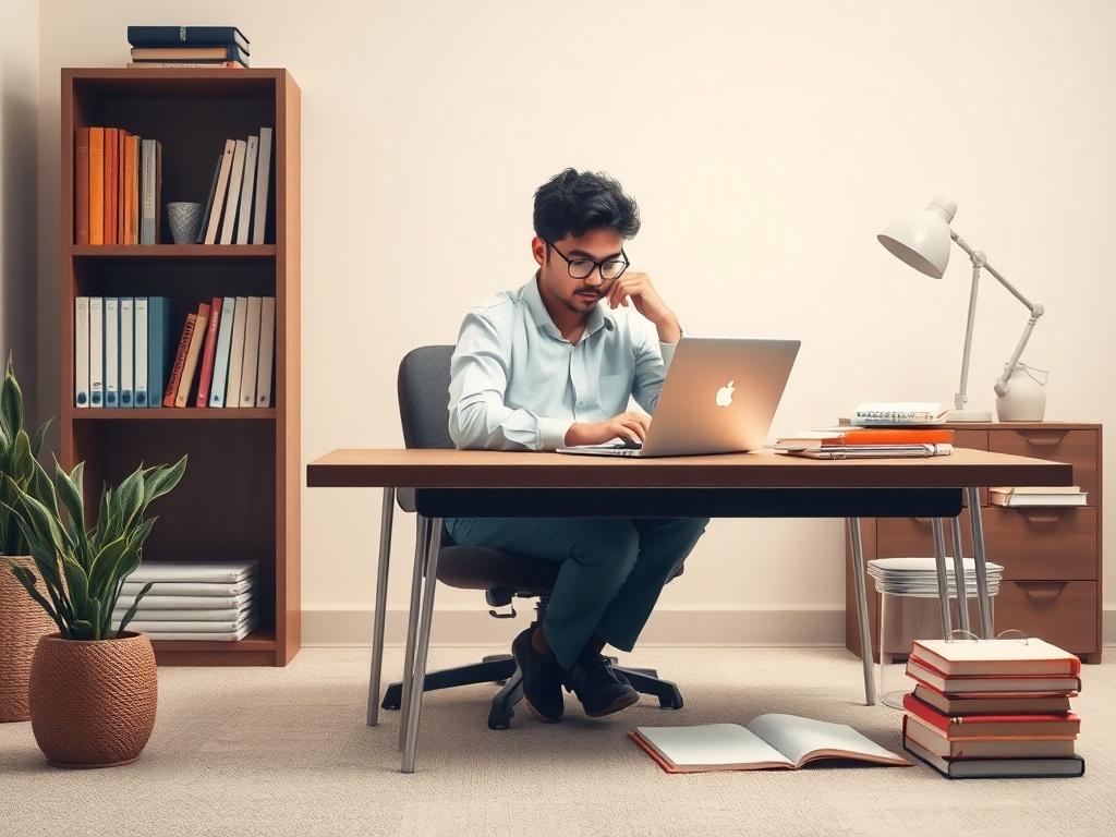 A realistic high-resolution photo of a calm, inviting workspace with a single person sitting at a well-organized desk, looking thoughtfully at a laptop. The background features soft tones and gentle lighting, creating a peaceful atmosphere. The subject is engaged in research or writing, surrounded by books and notes, reflecting a professional yet approachable environment.