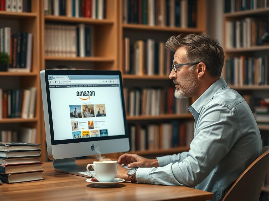 Create a realistic high-resolution photo featuring a male author in his 40s sitting at a tidy wooden desk. The author has a thoughtful expression as he looks at the computer screen, which displays Amazon books open on the main page. The desk should be subtly decorated, with a few books stacked neatly to one side and a cup of coffee steaming gently to the other. 

In the background, softly blurred shelves filled with various books create a warm, inviting atmosphere. The lighting should be gentle and natural,