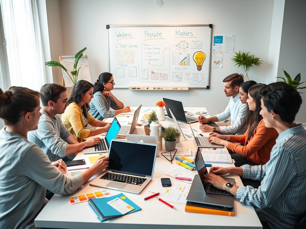A vibrant digital marketing brainstorming session with a team gathered around a table covered in laptops, notebooks, and colorful marketing materials. A whiteboard in the background displays creative ideas, and the atmosphere is energetic and collaborative.