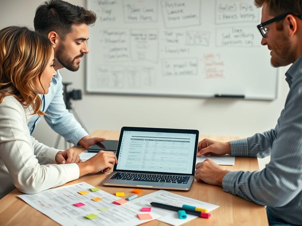 A tight shot of a small group of professionals gathered around a table, focused on a collaborative discussion. One individual is animatedly talking through a plan, while others listen attentively. An open laptop sits in front of them, displaying a visible Launch Plan or calendar on the screen. Printed pages with colorful markings from highlighters and sticky notes are scattered across the table, emphasizing the brainstorming process. The background features a whiteboard with additional notes and diagrams, c