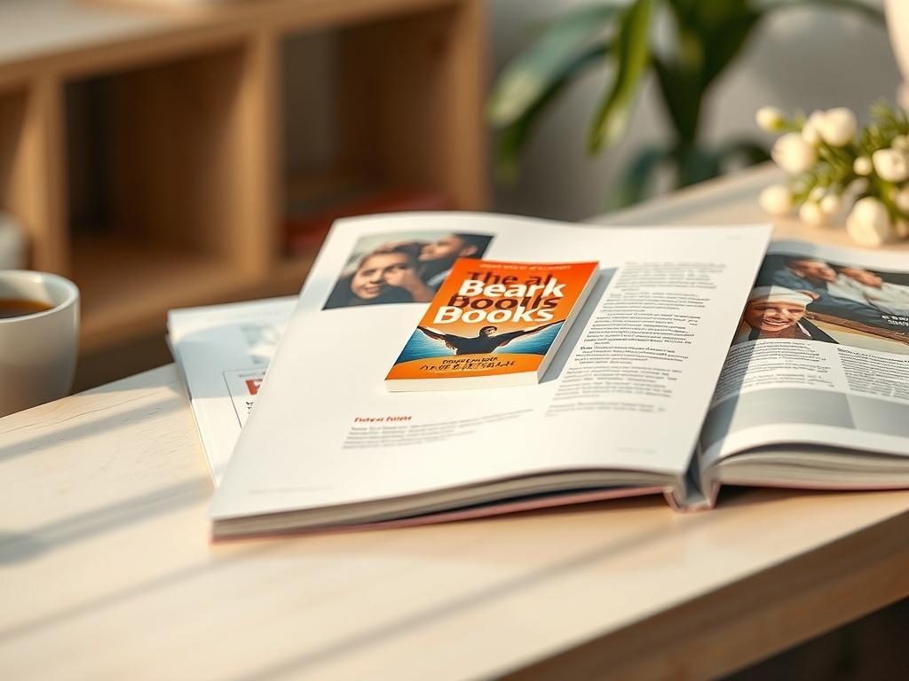 A professional book advertisement in a vibrant trade magazine. The composition features a beautifully designed magazine page with the advertisement prominently displayed. The book cover is eye-catching and positioned centrally, with a clean layout that includes a brief compelling tagline beneath. The background is softly blurred to emphasize the advertisement, creating a serene and inviting atmosphere. The lighting is gentle, highlighting the colors of the magazine and the book cover. The overall feel shoul