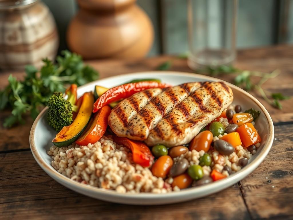 Create a realistic high-resolution photo that visually embodies the theme of "The Benefits of High-Protein, Low-Carb Meals." The composition should feature a beautifully plated meal as the main subject, consisting of grilled chicken breast, a colorful array of roasted vegetables (such as bell peppers, zucchini, and broccoli), and a side of quinoa or a small serving of legumes, all arranged elegantly on a rustic wooden table. 
The background should be softly blurred to focus attention on the meal while maintaining a cozy, inviting atmosphere. Incorporate gentle lighting to enhance textures and colors, creating a warm and appetizing feel. Include earthy tones in the background, such as subtle greens and browns, to complement the freshness of the food. This image should reflect the idea that high-protein, low-carb meals are effective for weight loss, highlighting their deliciousness and appeal to health-conscious individuals. Ensure the final image is simple, clear, and displays no text or abstract shapes.
