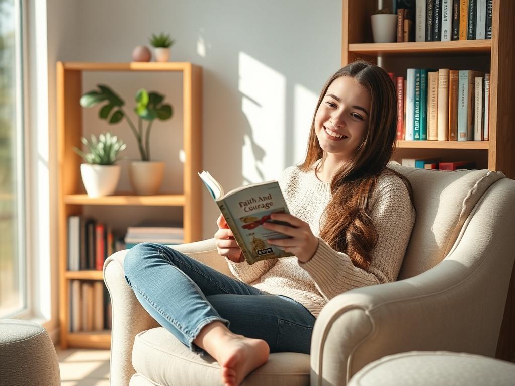 Create a realistic high-resolution image of a Christian teenager sitting in a cozy, sunlit corner of a room. The teen, a young female around 16 years old, has a warm smile and is holding a book titled "Faith and Courage." She is dressed casually in a soft, pastel-colored sweater and jeans. Her long, brown hair is cascading down her shoulders, and she is comfortably seated on a plush armchair, with her feet tucked beneath her.

In the background, include a softly lit wooden bookshelf filled with a variety of