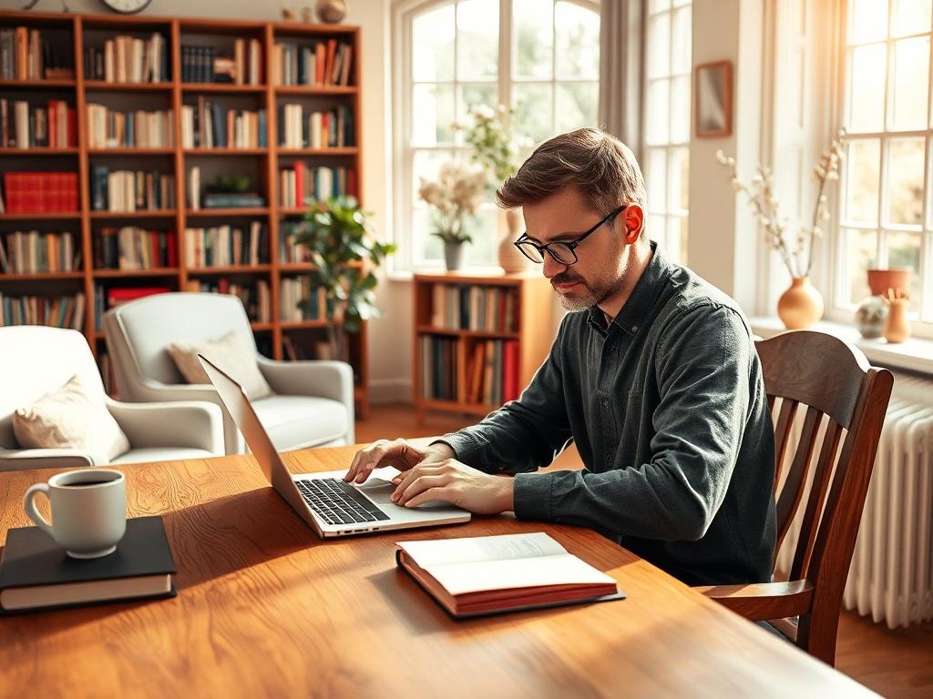 An author sitting at a cozy wooden desk, focused on reviewing a book on a sleek laptop. The background features a sunlit room filled with bookshelves, soft armchairs, and a window with gentle light filtering in. The scene conveys a peaceful and productive atmosphere, highlighting the author's engagement with their work.