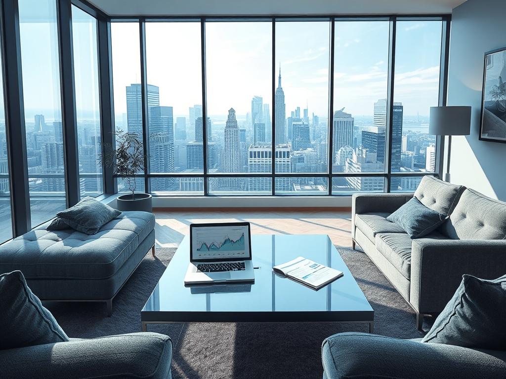 A realistic high-resolution photo featuring a modern living room with a large window showcasing a vibrant city skyline. The room is styled in cool tones, predominantly rich blues and soft grays. A sleek coffee table is placed in the center with a few financial reports and a laptop open displaying housing market graphs. The atmosphere is bright and inviting, suggesting a blend of comfort and professionalism.