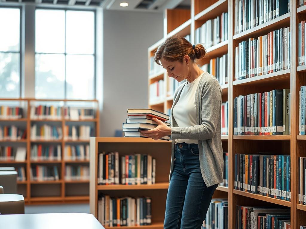 Generate a realistic high-resolution photo featuring a single librarian putting books away on a sleek wooden bookshelf in a modern library setting. The librarian, a middle-aged woman with short brown hair tied back neatly, is dressed in a smart-casual outfit—light gray cardigan over a white blouse and dark blue jeans. She is focused on carefully placing a stack of colorful books on the shelf, showcasing an organized array of titles.

In the background, include softly lit bookshelves filled with an assortmen