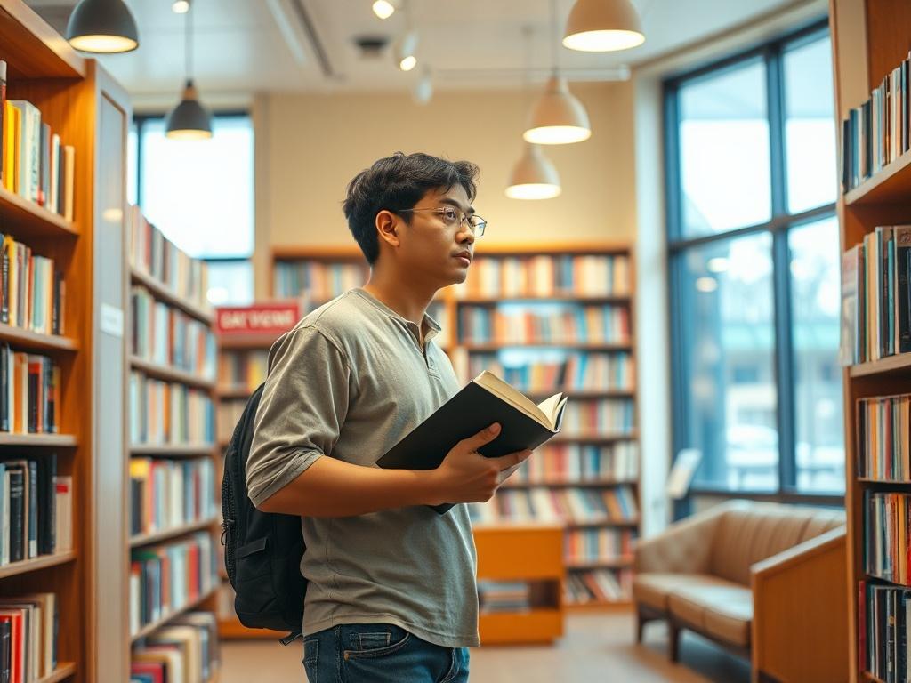 Create a realistic high-resolution photo of a cozy, inviting bookstore interior, specifically showcasing a Barnes & Noble. The composition should be simple and clear, focusing on a single subject: a diverse person—of Asian descent, standing thoughtfully in front of a neatly organized bookshelf filled with colorful book spines. The individual is casually dressed, holding a book in one hand while gazing thoughtfully at the shelves, conveying a sense of contemplation and discovery. 

The background should feat