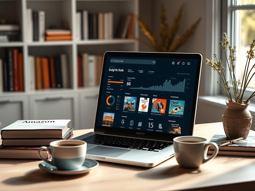 A clean and modern Amazon book listing dashboard displayed on a laptop screen, set in a cozy home office environment. The desk should have a few books and a cup of coffee, with soft natural light coming through a window. The focus should be on the laptop screen showing an organized and visually appealing dashboard with graphs, metrics, and book cover images, conveying a sense of productivity and success.