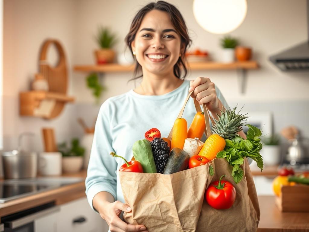 A cheerful person holding a grocery bag filled with fresh