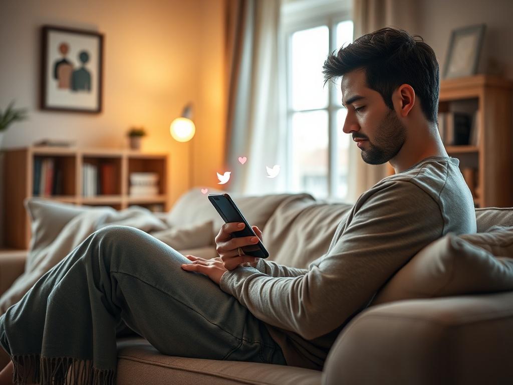 Create a realistic high-resolution image featuring an adult sitting comfortably in a cozy, softly-lit living room. The individual should be holding a smartphone, focused intently on the screen. Bright social media icons can be subtly incorporated around the phone’s screen, emanating a sense of connection and engagement with digital platforms without being overwhelming. 

The background should features warm tones with natural light filtering through a window, casting gentle shadows that enhance the relaxing 