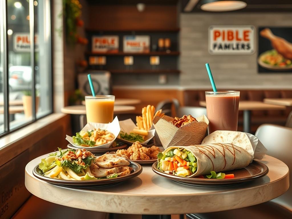 A cozy fast food restaurant setting featuring a table with