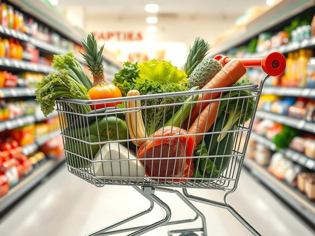A well organized grocery cart filled with healthy foods, including