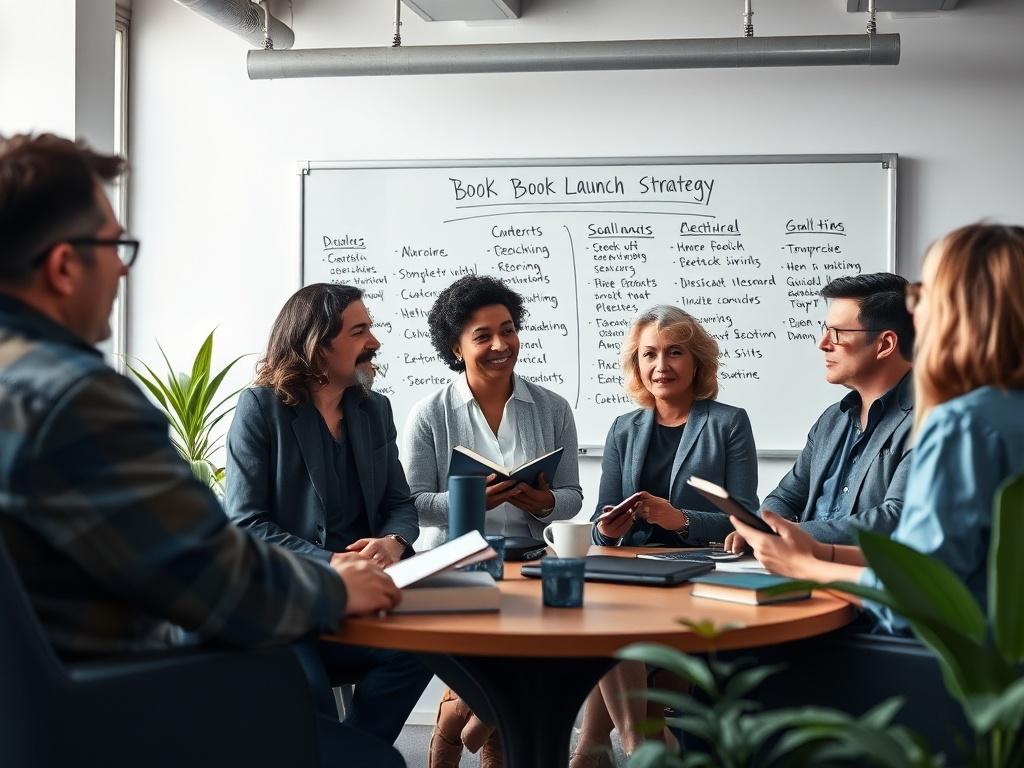 A realistic high-resolution photo of a diverse group of authors discussing a book launch strategy in a modern, light-filled office setting. The authors are engaged and focused, with a whiteboard in the background displaying key strategies and goals. The environment features rich blues and soft grays, with plants adding a touch of life to the space.