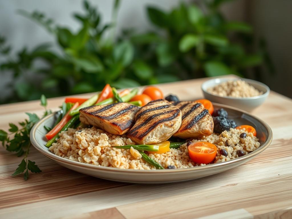 A beautifully plated high protein meal featuring grilled chicken, colorful