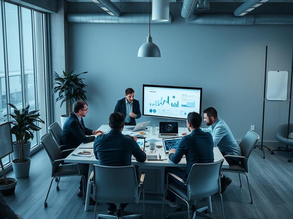 A realistic high-resolution photo of a marketing team in a modern office, collaborating on a digital marketing strategy. The team is gathered around a table covered with laptops, charts, and marketing materials, brainstorming ideas. The room is filled with cool-toned colors, emphasizing a professional and creative atmosphere.